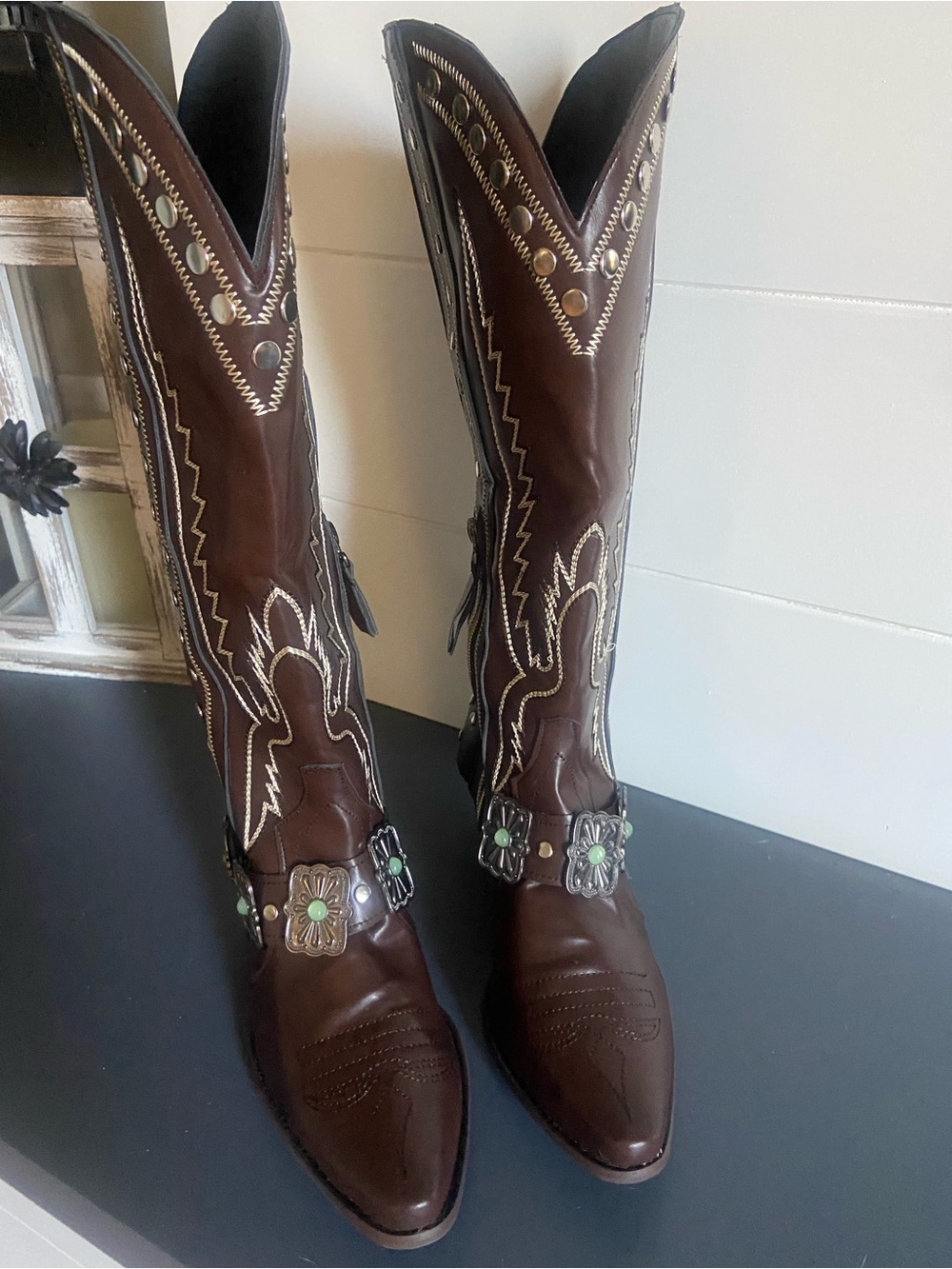 Brown Leather Western Knee-High Boots with Concho Accents